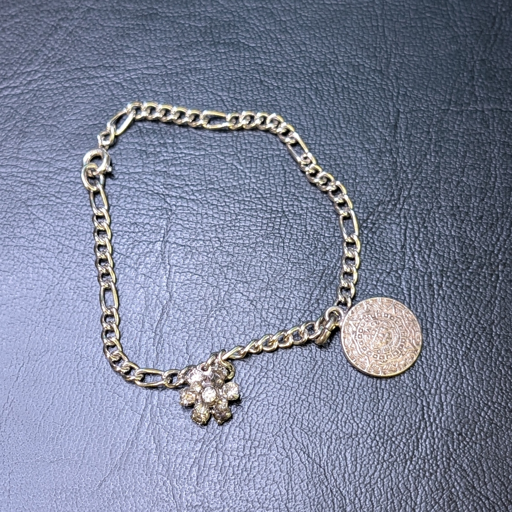 Silver Toned Chain Bracelet With Flower And 925 Mayan Calendar Charms